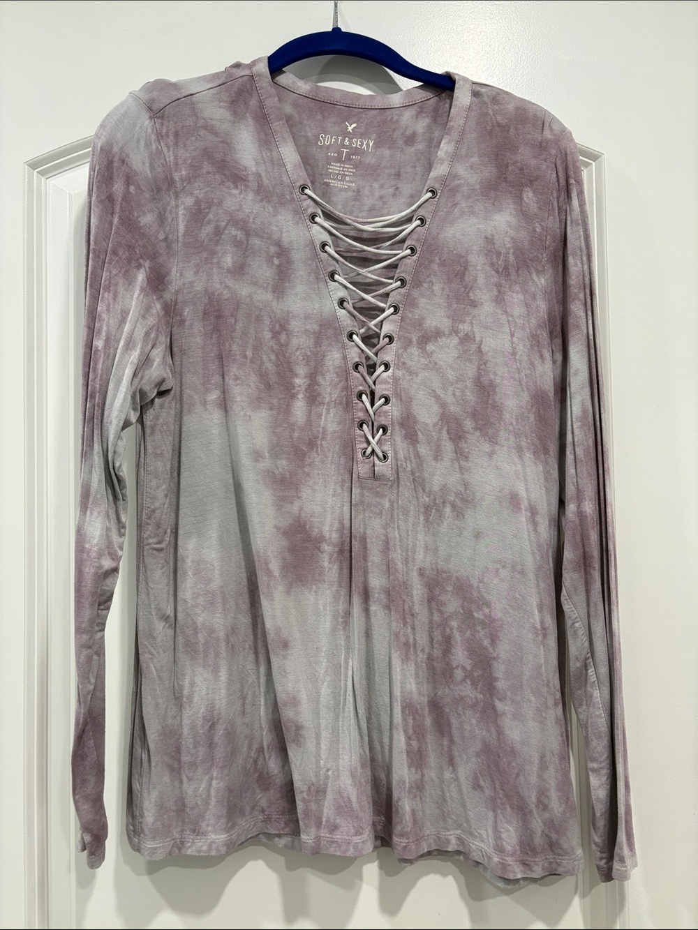 American Eagle Outfitters Mauve Tie-Dye Lace-Up Long Sleeve Top